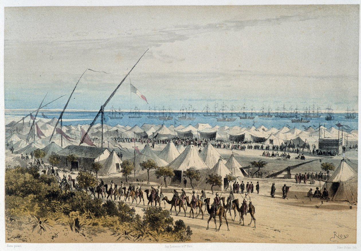 El puerto de Ismalia y el campamento de invitados en la inauguración del Canal de Suez - en "Through the Isthmus of Suez" por Riou, Marius Fontaine de Edouard Riou
