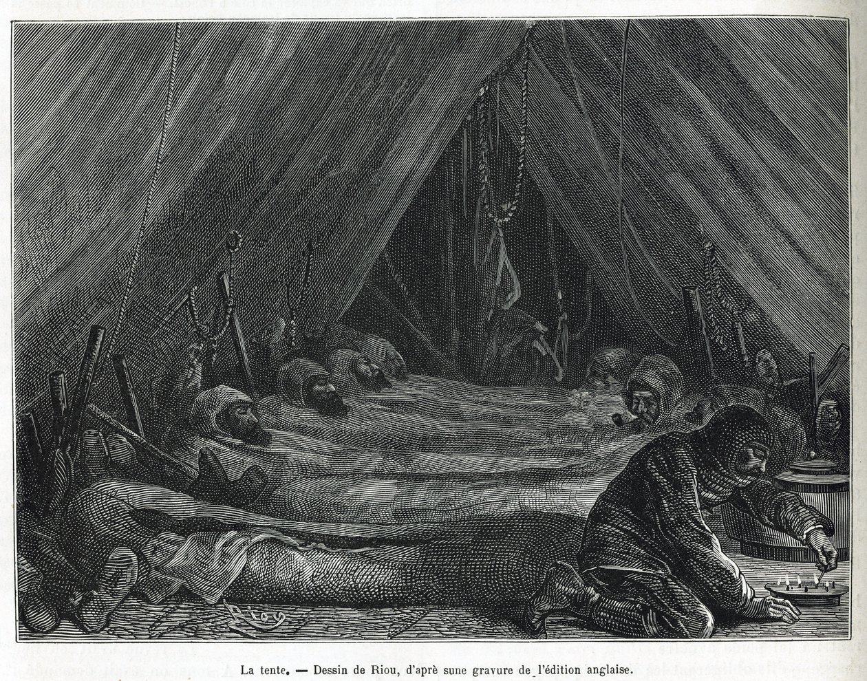 El interior de la tienda en el témpano de hielo, ilustración de la historia de un viaje al mar polar en 1875-1876, por el Capitán G.S. Nares (1831-1915). Grabado en Le tour du monde de Edouard Riou