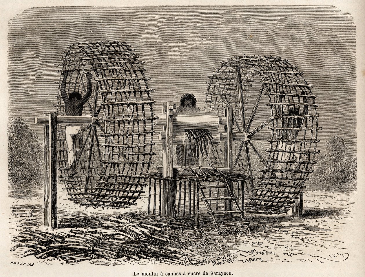 El molino para moler caña de azúcar de Sarayacu (Perú), dibujo de Riou, para ilustrar el viaje de Paul Marcoy del Océano Pacífico al Océano Atlántico de 1848 a 1860. Grabado en "Le tour du monde", editado por Edouard Charton de Edouard Riou