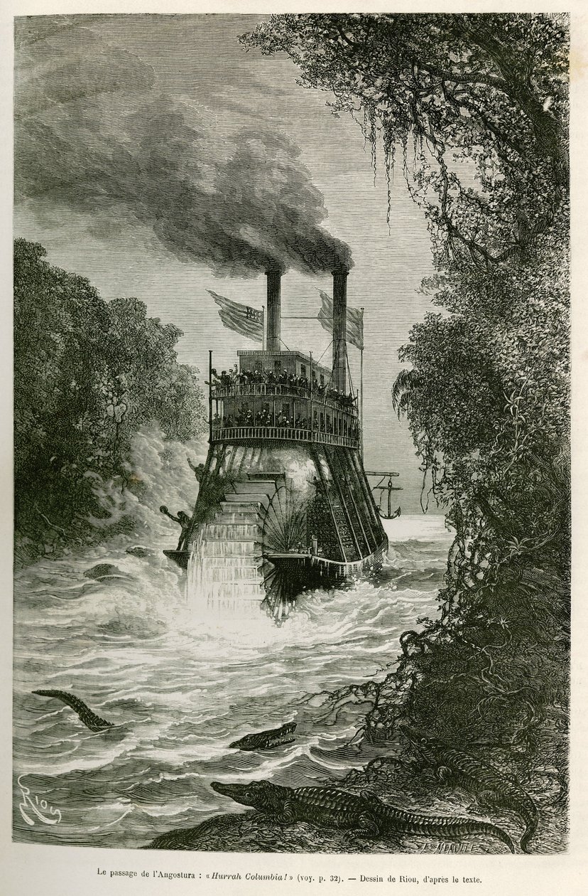 El paso de la Angostura (Colombia), por el barco de vapor de la expedición, ilustración del viaje a América equinoccial (Colombia, Ecuador, Perú), en 1875-1876, por Edouard Andre (1833-1894), viajero encargado de una misión por el gobierno francés de Edouard Riou