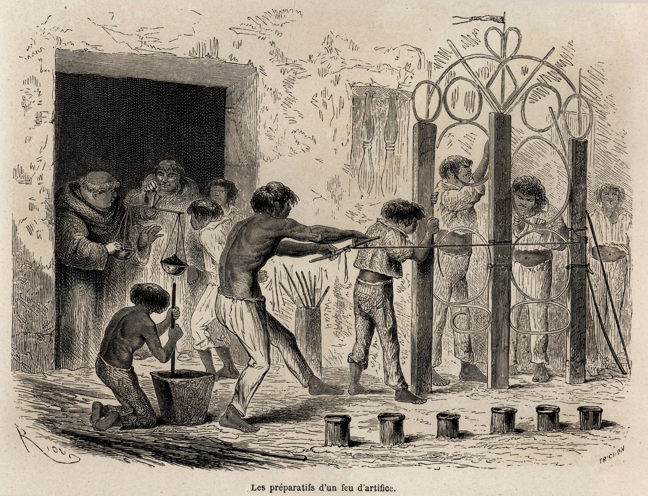 La preparación de fuegos artificiales en Sarayacu (Perú), dibujo de Riou, para ilustrar el viaje de Paul Marcoy del Océano Pacífico al Océano Atlántico de 1848 a 1860. Grabado en "Le tour du monde", editado por Edouard Charton de Edouard Riou