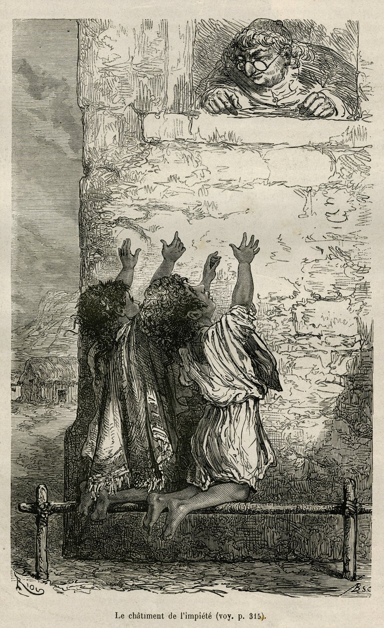 El castigo de la impiedad, dos niños están arrodillados sobre un palo colocado en estacas y observados en su tormento por la parroquia del pueblo, dibujo de E.Riou, para ilustrar el viaje en la región de Titicaca y los valles del este del Bajo Perú, en de Edouard Riou