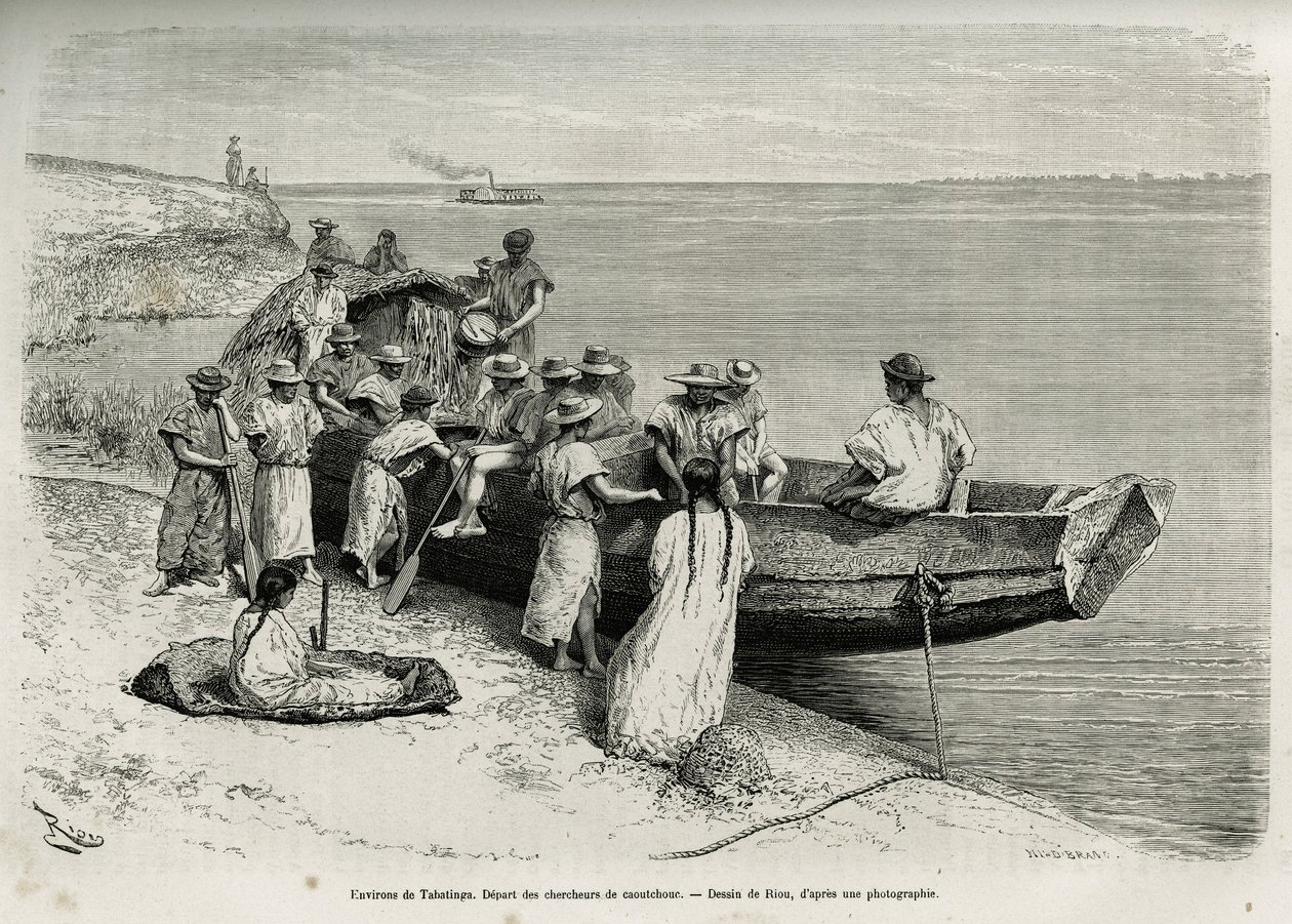 El inicio de los buscadores de caucho, en las cercanías de Tabatinga (región del alto Amazonas). Grabado por Riou, para ilustrar la historia de Cayena a los Andes, por Jules Crevaux, médico de la marina francesa, en 1878-1879, publicado en Le tour du monde de Edouard Riou