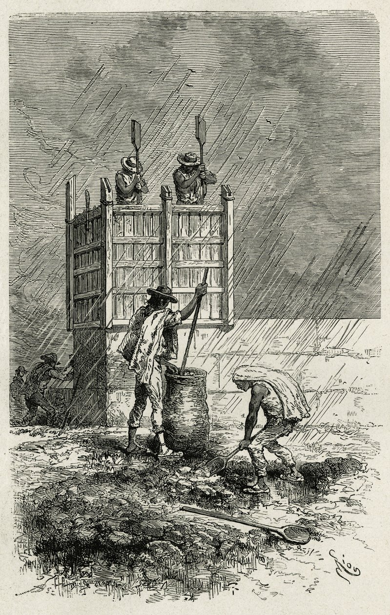 El tapial, una antigua técnica de construcción de paredes de arcilla usando un encofrado de madera, compactado por pisoteo y secado al sol, ilustración de la historia L