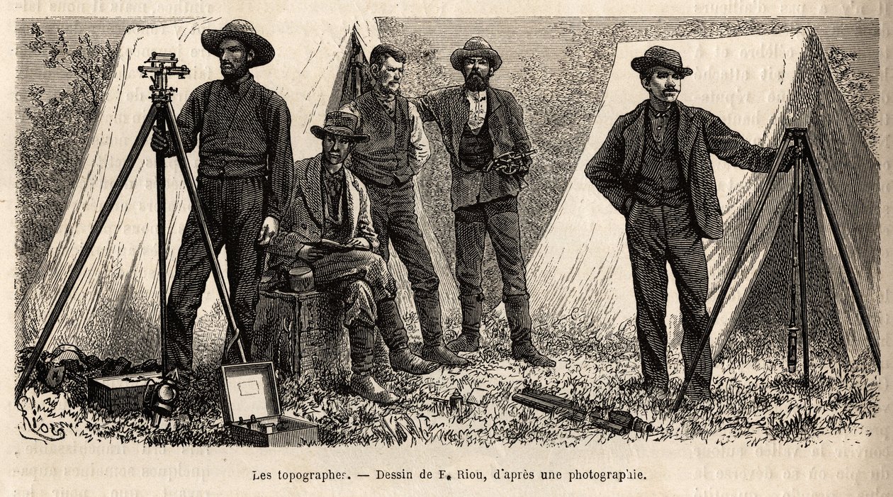 El equipo de topógrafos con su material, de la misión geológica americana, grabado después del dibujo de F. Riou, ilustrando un conjunto de misiones geográficas a través del Parque Nacional de los Estados Unidos, de 1870 a 1872, por los señores Hayden, Doa de Edouard Riou