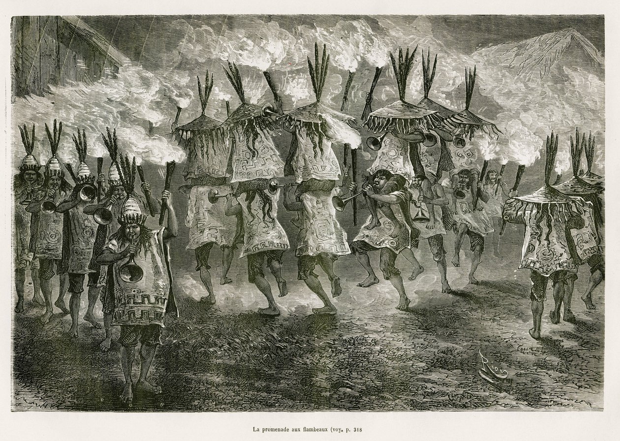 La caminata con antorchas por las calles de San José, dibujo de E.Riou, para ilustrar el viaje en la región de Titicaca y los valles del este del Bajo Perú, en 1873 por Paul Marcoy. Grabado en Le tour du monde de Edouard Riou