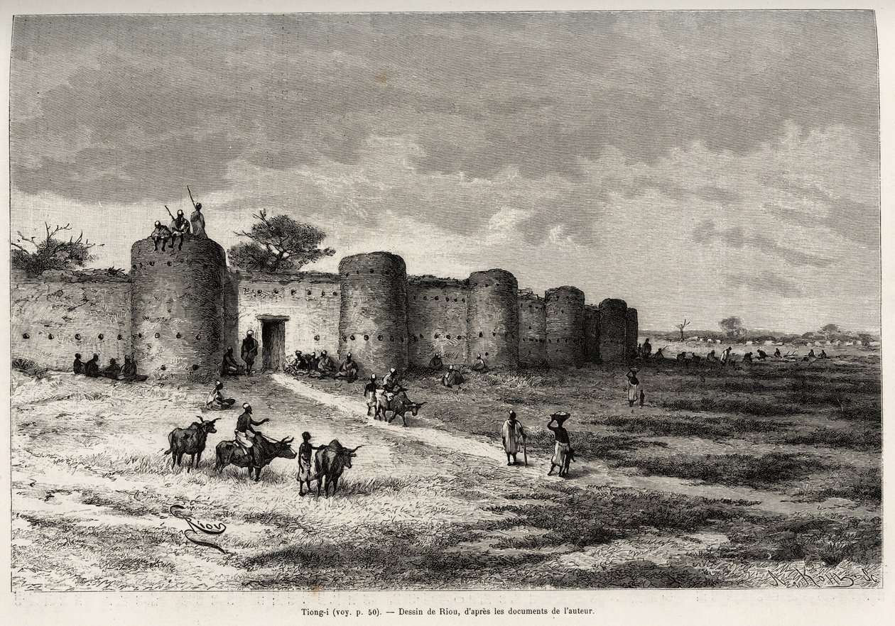 La ciudad de Tiong-Gi (Tiong Gi, Mali), con sus fortificaciones y torres de arcilla. Grabado de Riou, para ilustrar la historia Desde el Níger hasta el Golfo de Guinea por el Capitán Louis Gustave Binger (1856-1936), en 1887-1889, en Le tour du monde, nuev de Edouard Riou