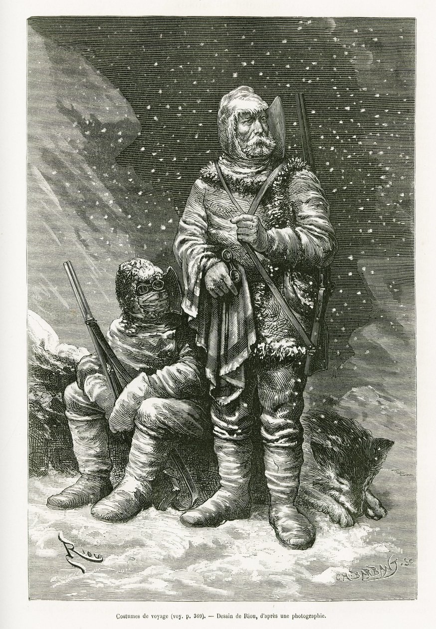 El traje de viaje del teniente Payer y el teniente Weyprecht, varias capas de ropa para combatir las tormentas de nieve, una chaqueta de cuero retráctil para proteger la cara del frío, botas y mitones hechos de velo y franela y gafas pesadas. Grabado según de Edouard Riou