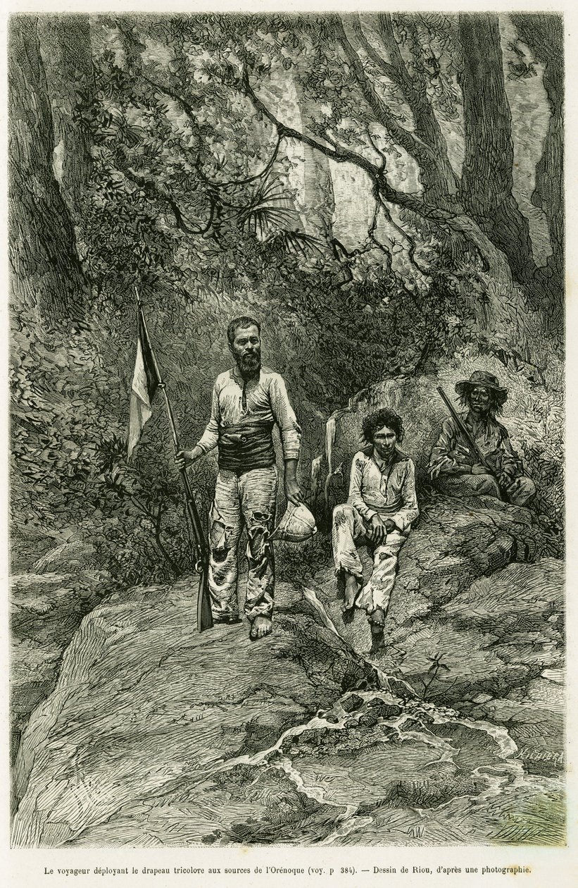 El viajero desplegando la bandera tricolor en las fuentes del Orinoco. Grabado de Riou, para ilustrar la historia Viaje a las fuentes del Orinoco, en 1886-1887, por Jean Chaffanjon, asignado por el ministerio de educación pública, en Le Tour du monde 1888, de Edouard Riou