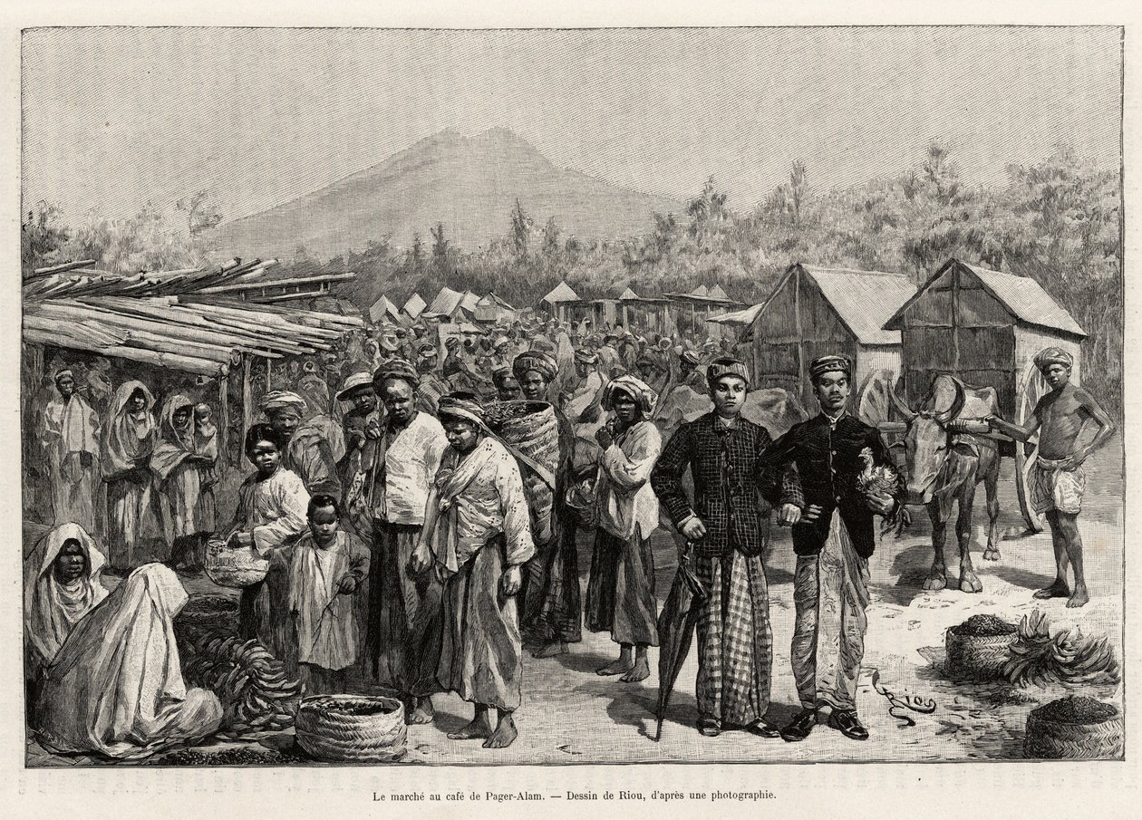El paseo en Pager Alam Cafe (Malasia). Grabado por Riou para ilustrar la historia “un año en Malasia” de Jules Claine (1856-1939) de Edouard Riou
