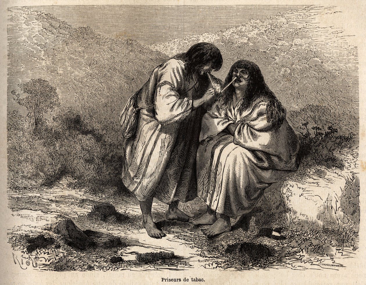 Subastadores de tabaco, maquillados según la tradición de la tribu de los Antis (Perú), dibujo de Riou, ilustrando el viaje de Paul Marcoy del Océano Pacífico al Océano Atlántico de 1848 a 1860. Grabado en 
