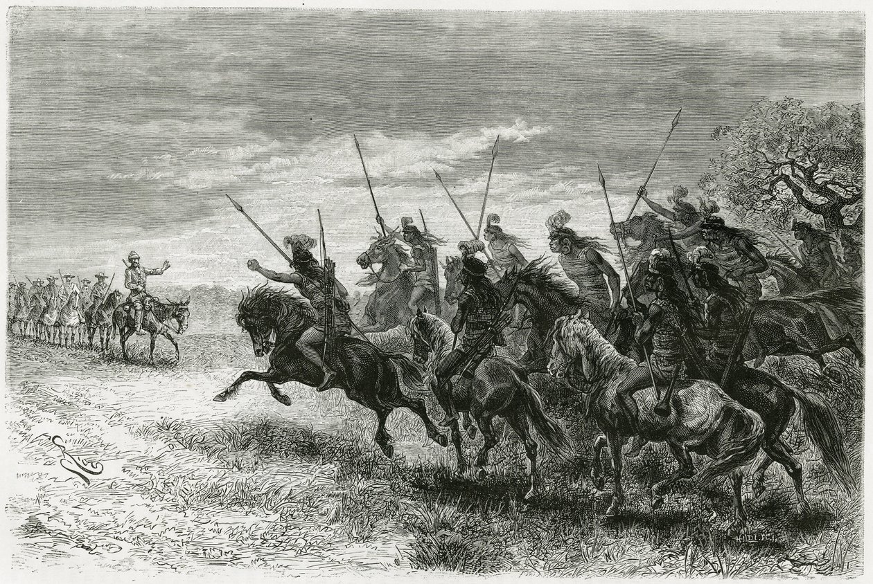 Indios Tobas (de la región del Chaco, entre Paraguay y Bolivia) negándose a pasar a la columna de la expedición Thouar. Grabado por Riou, para ilustrar la historia "En busca de los restos de la misión Crevaux", en 1884, por A. Thouar (1853- desaparecido de Edouard Riou