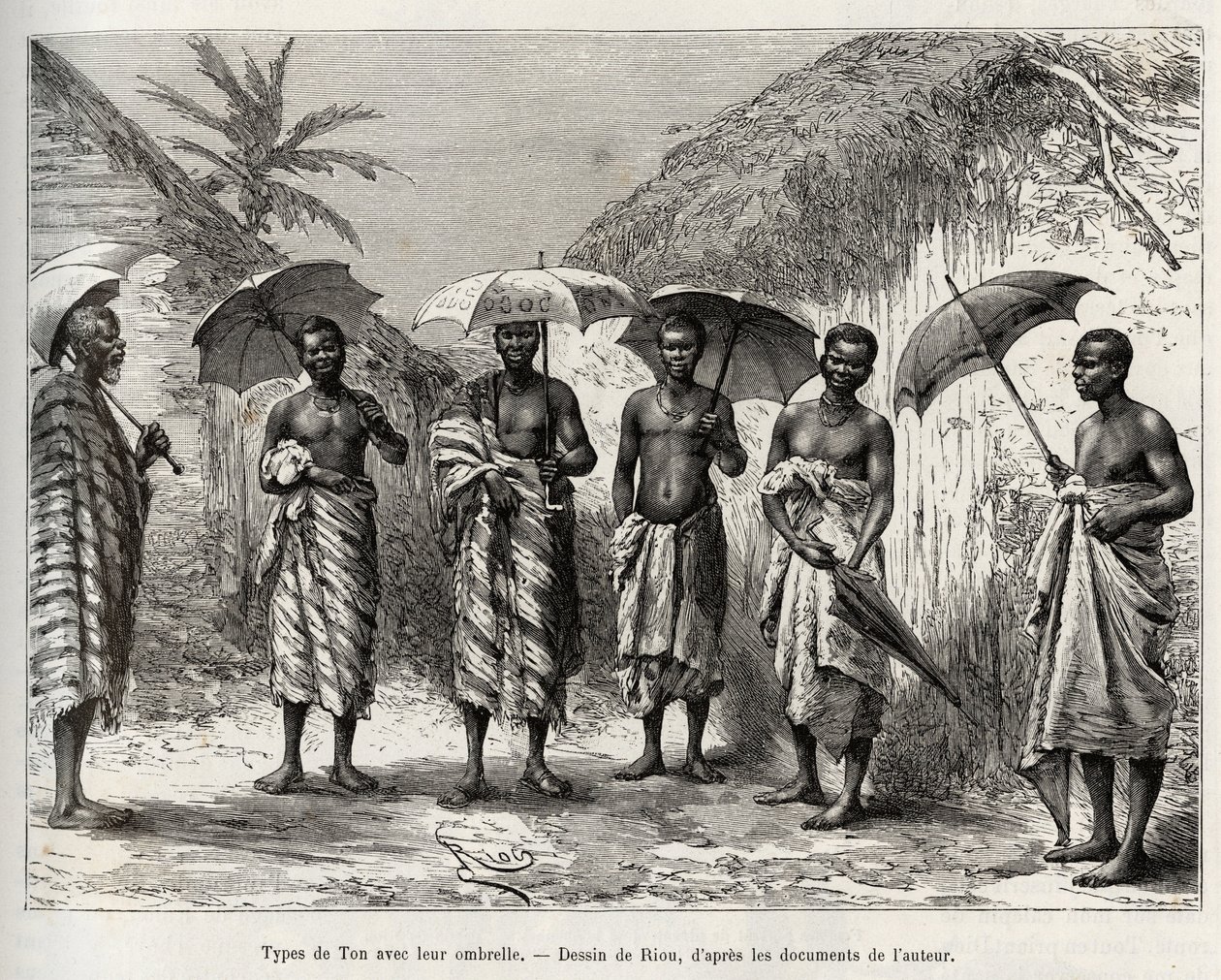 Tipo de tono con su paraguas. Grabado por Riou, para ilustrar la historia “Del Níger al Golfo de Guinea” por el Capitán Louis Gustave Binger, en 1887-1889, en Le tour du monde, nuevo diario de viajes, bajo la dirección de Edouard Charton de Edouard Riou
