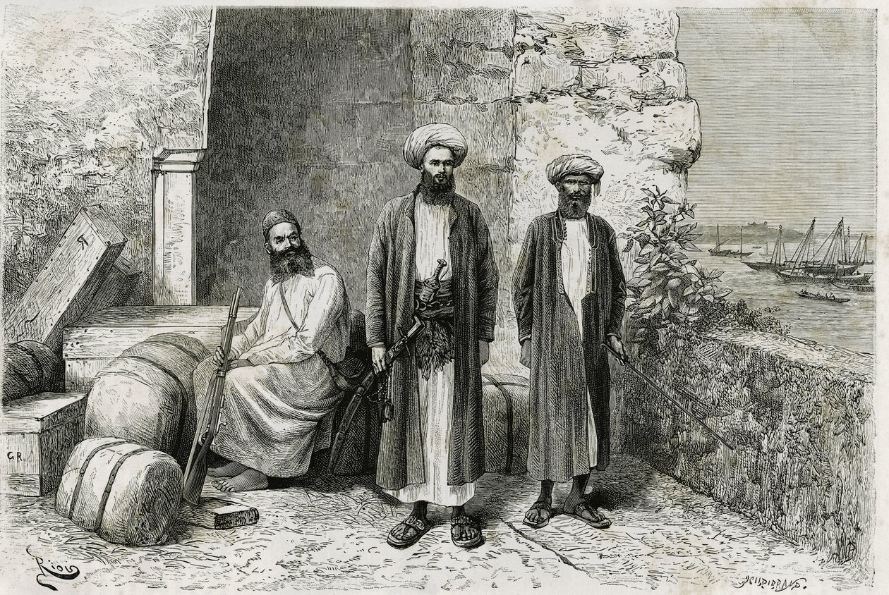 Viajeros en el parador: Julian Teissere, quien está detrás del explorador, George Revoil de Edouard Riou