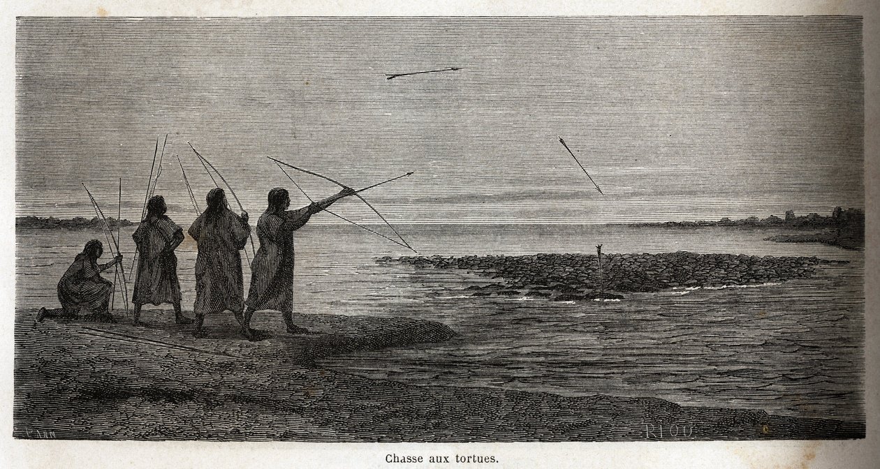Caza de tortugas, entre los indios conibos de Perú, dibujo de Riou para ilustrar el viaje, de 1848 a 1860, de P. Marcoy, del Océano Pacífico al Océano Atlántico. Grabado en "Le tour du monde", editado por Edouard Charton de Edouard Riou