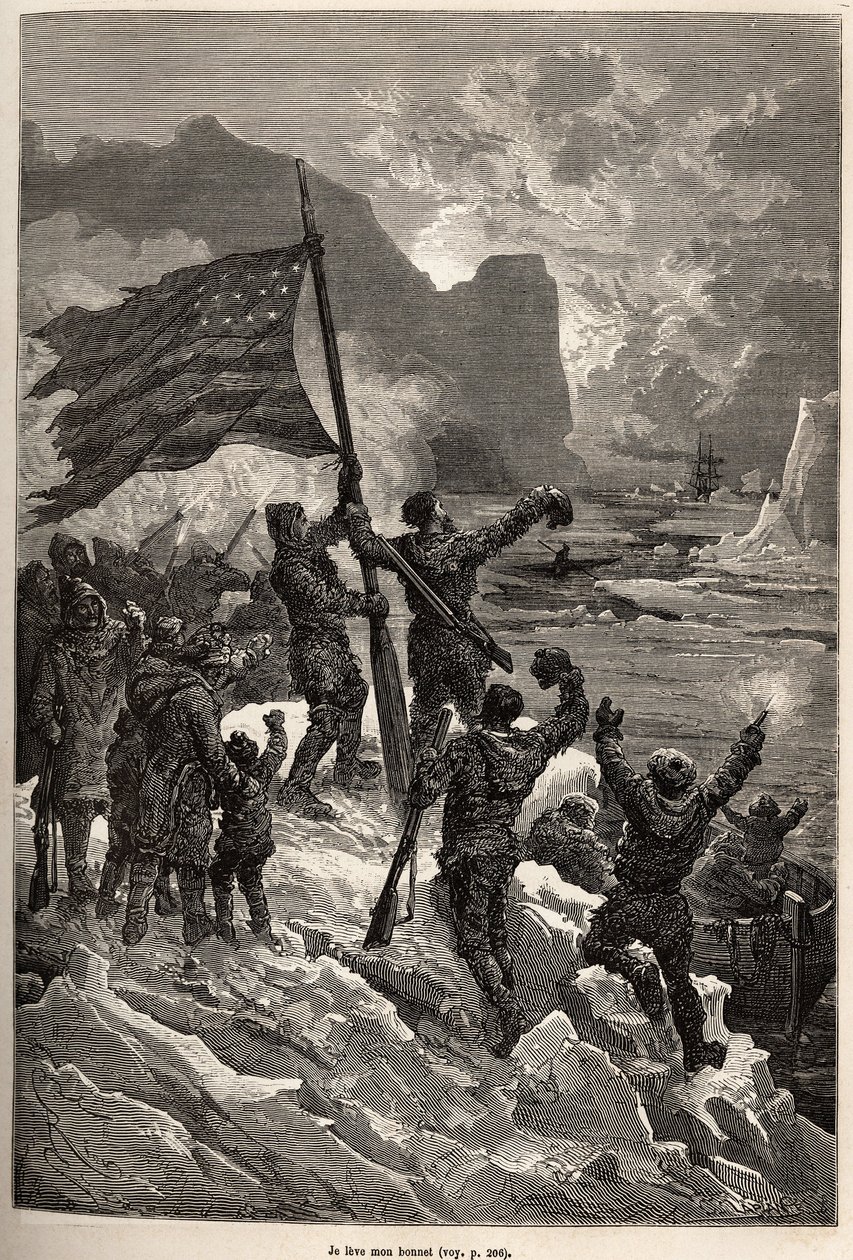 La tripulación de Tyson, después de varios días a la deriva en un iceberg, finalmente vio un ballenero y ondeó la bandera estadounidense para ser vistos y salvados, grabado según un dibujo de E.Riou, ilustrando la historia del Polaris, balsa de hielo, por  de Edouard Riou