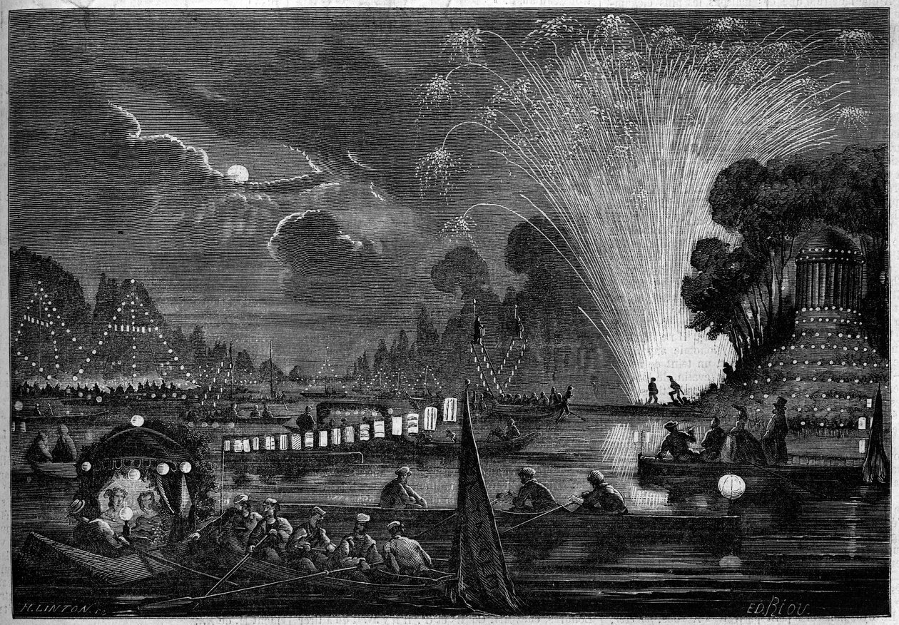 Fiesta veneciana en Neuilly dada en beneficio de los pobres en 1858. Grabado de Riou en 