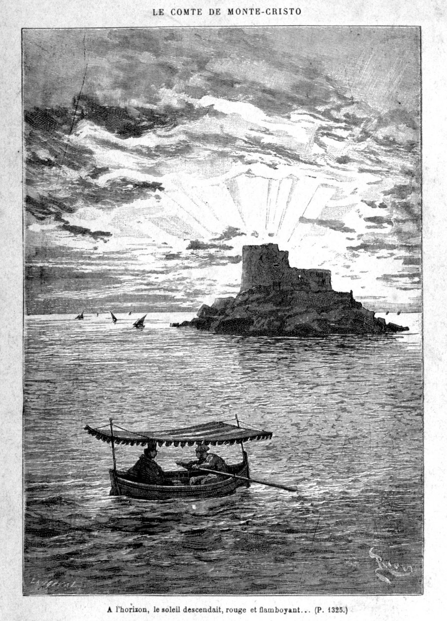 Navegando hacia la isla - Grabado por Riou, en “El Conde de Monte-Cristo” de A. Dumas, ed. Jules Rouff & Cie de Edouard Riou