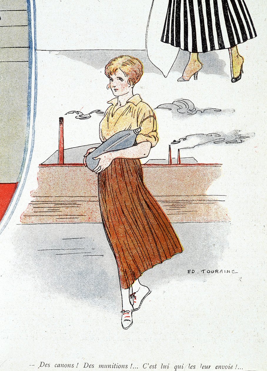 Mujer haciendo municiones para la guerra 1914-1918. “¡Camiones! ¡Municiones! ¡Él los envía!” En “Bayonet”, el 25/11/1915 (grabado) de Edouard Touraine