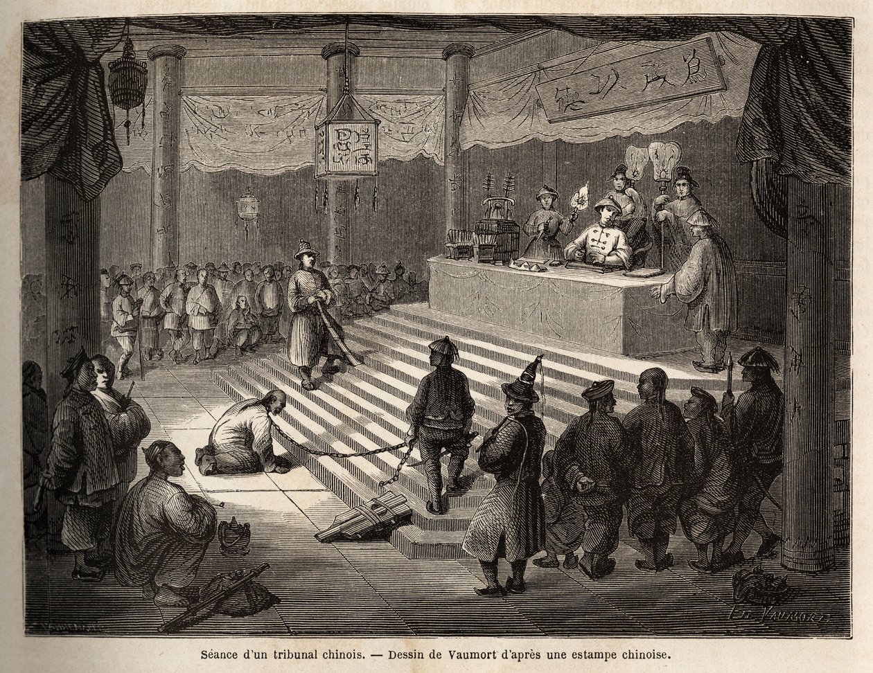 Un tribunal chino, el acusado aparece en el tribunal rodeado por un gendarme que lo mantiene encadenado y su carnicero, dibujo de Vaumort (? -1886), para ilustrar el viaje de Shanghái a Moscú, de 1859 a 1862, de M. de Bourboulon, ministro francés en China de Edouard Vaumort