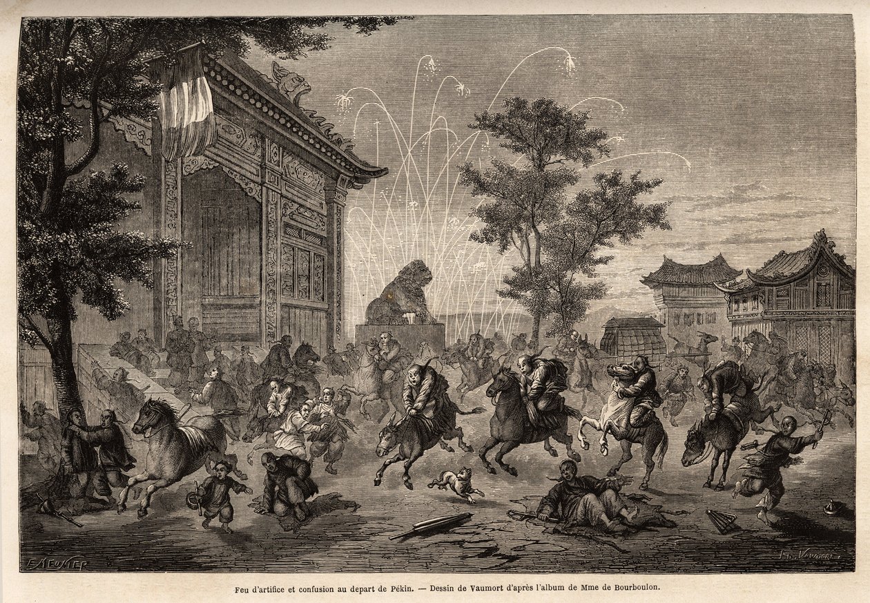 Fuegos artificiales en Pekín y confusión de la tripulación de la legación francesa en la partida hacia Mongolia. Dibujo de Vaumort (?-1886), para ilustrar el viaje de Shanghái a Moscú, de 1859 a 1862, de M. de Bourboulon, ministro francés en China. Grabado de Edouard Vaumort