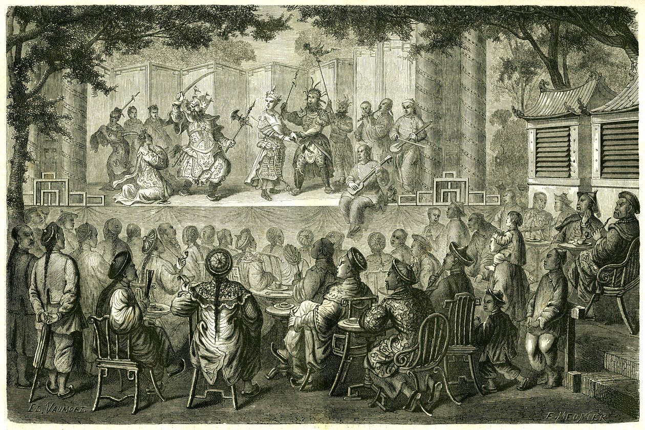 Vista de una representación de la Ópera de Pekín (Beijing), China, tras la historia de viaje de Madame de Bourboulon. Grabado después de un dibujo de Vaumort, en "Le Tour du Monde, Nouveau journal des Voyages", editado por Edouard Charton, París de Edouard Vaumort