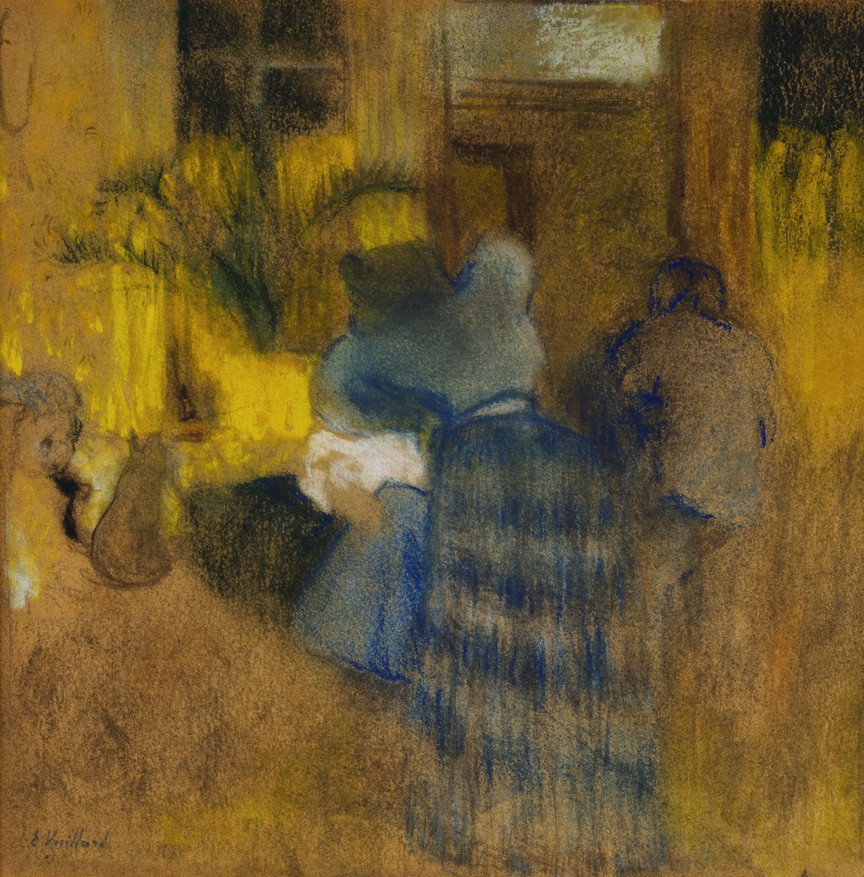 Interior amarillo y azul, gato y niño de Edouard Vuillard