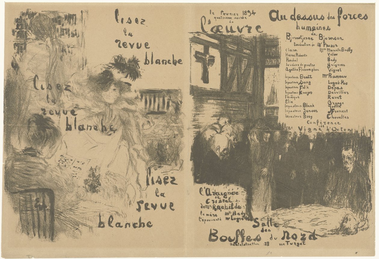 Página web con publicidad para La Revue Blanche y con el título de la obra Au-dessus des forces humaines
Lea la reseña blanca Por encima de las fuerzas humanas de Edouard Vuillard