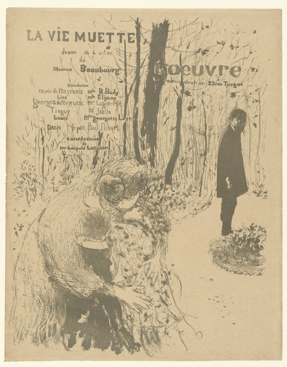 Portada del folleto del programa con una mujer con dos hijos y un hombre en el parque para jugar La vie muette con una lista de roles y actores La vie muette de Edouard Vuillard