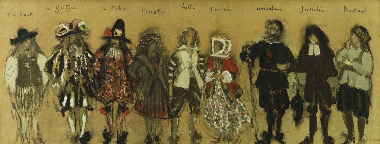 Estudio para trajes de nueve actores en "La Coupe Enchantee" para Jean de la Fontaine, 1918 de Edouard Vuillard