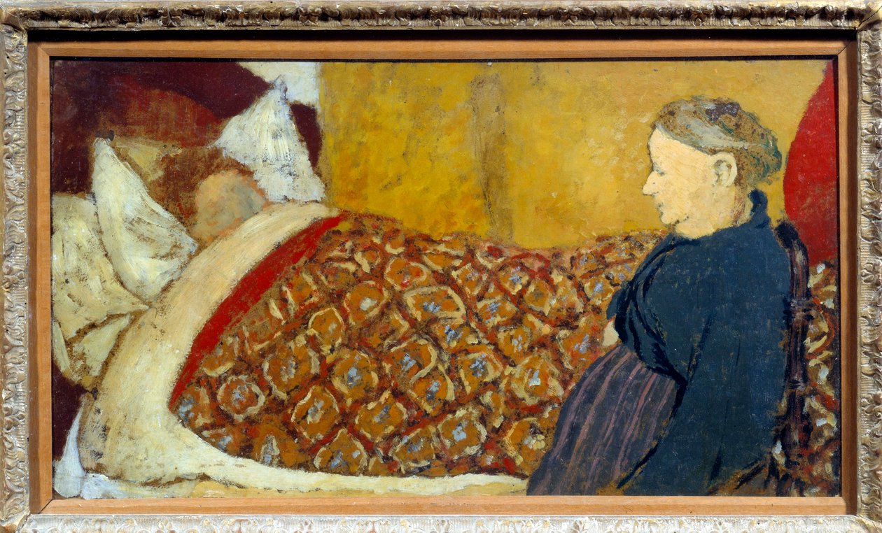 La nana: Una abuela canta una nana o cuenta una historia a un niño para dormir. Cartón marouflé sobre panel de madera por Edouard Vuillard de Edouard Vuillard