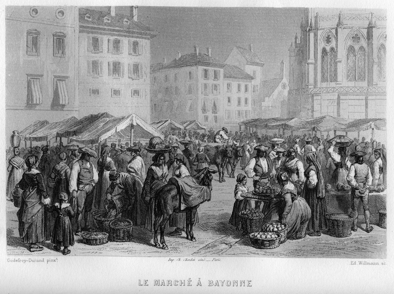 Mercado en Bayona, Pirineos Atlánticos (Pyrenees Atlantiques), Aquitania, Francia. Grabado de Willmann en 