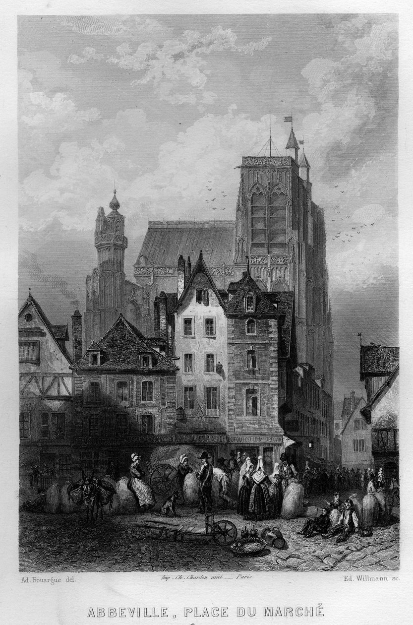 Plaza del mercado de la ciudad de Abeville, Somme, Picardía, Francia. Grabado por Willmann en “La France ancienne et moderne” de Jean-Bernard Mary-Lafon de Edouard Willmann