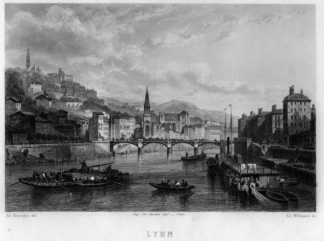 Vista de la ciudad de Lyon, departamento del Ródano, región de Ródano-Alpes, Francia. Grabado de Willmann en 