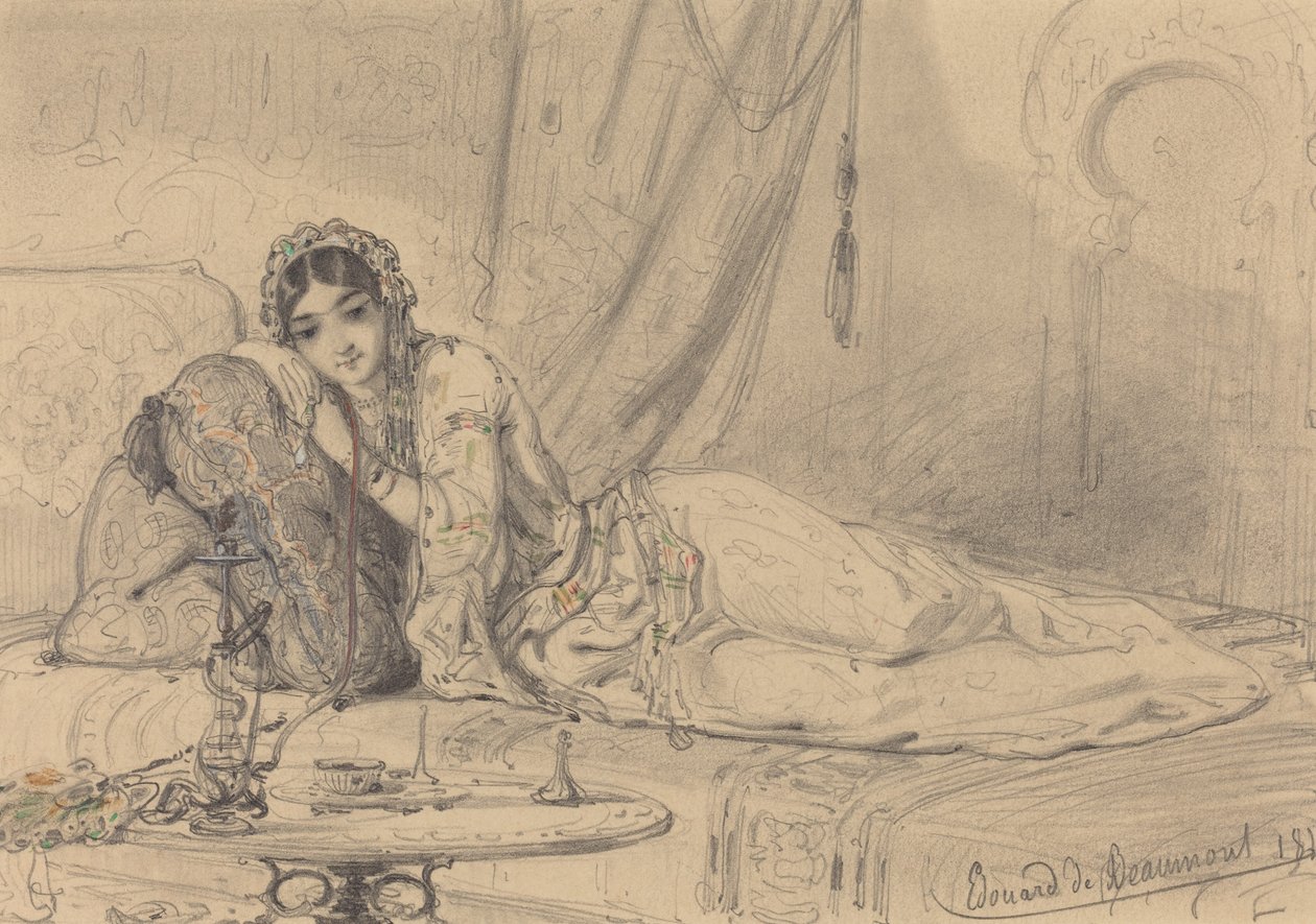 Mujer del Medio Oriente reclinada en un entorno exótico de Edouard de Beaumont