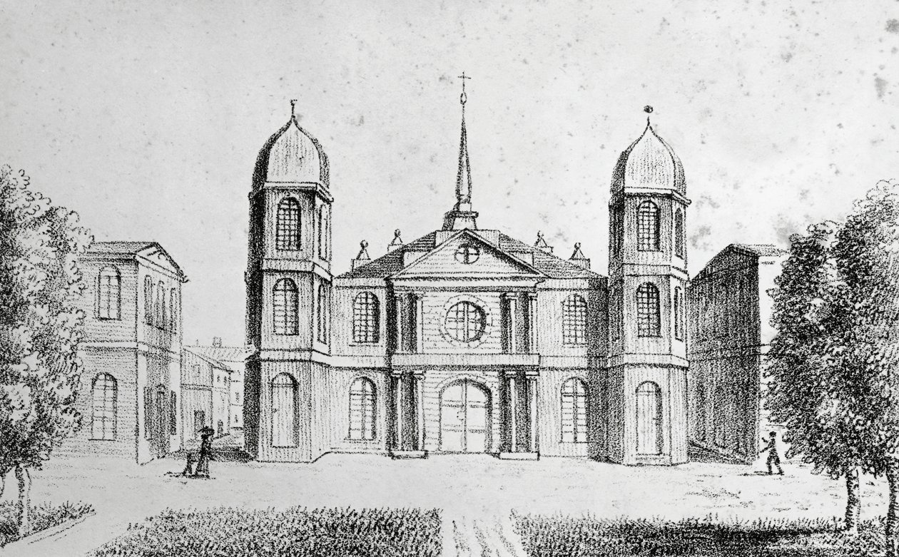 Iglesia de Nueva Orleans, Estados Unidos de América, litografía de Edouard de Montule (1792-1828) de Viaje a América, Italia, Sicilia y Egipto de Edouard de Montule