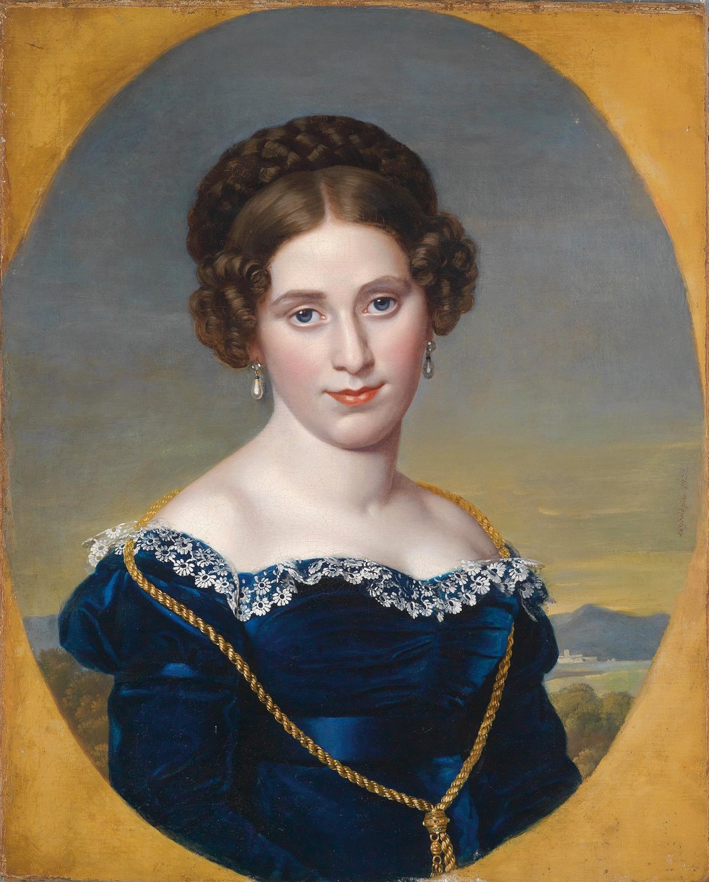 Retrato de una joven mujer / Retrato de una dama con fondo de paisaje de Eduard Friedrich Leybold
