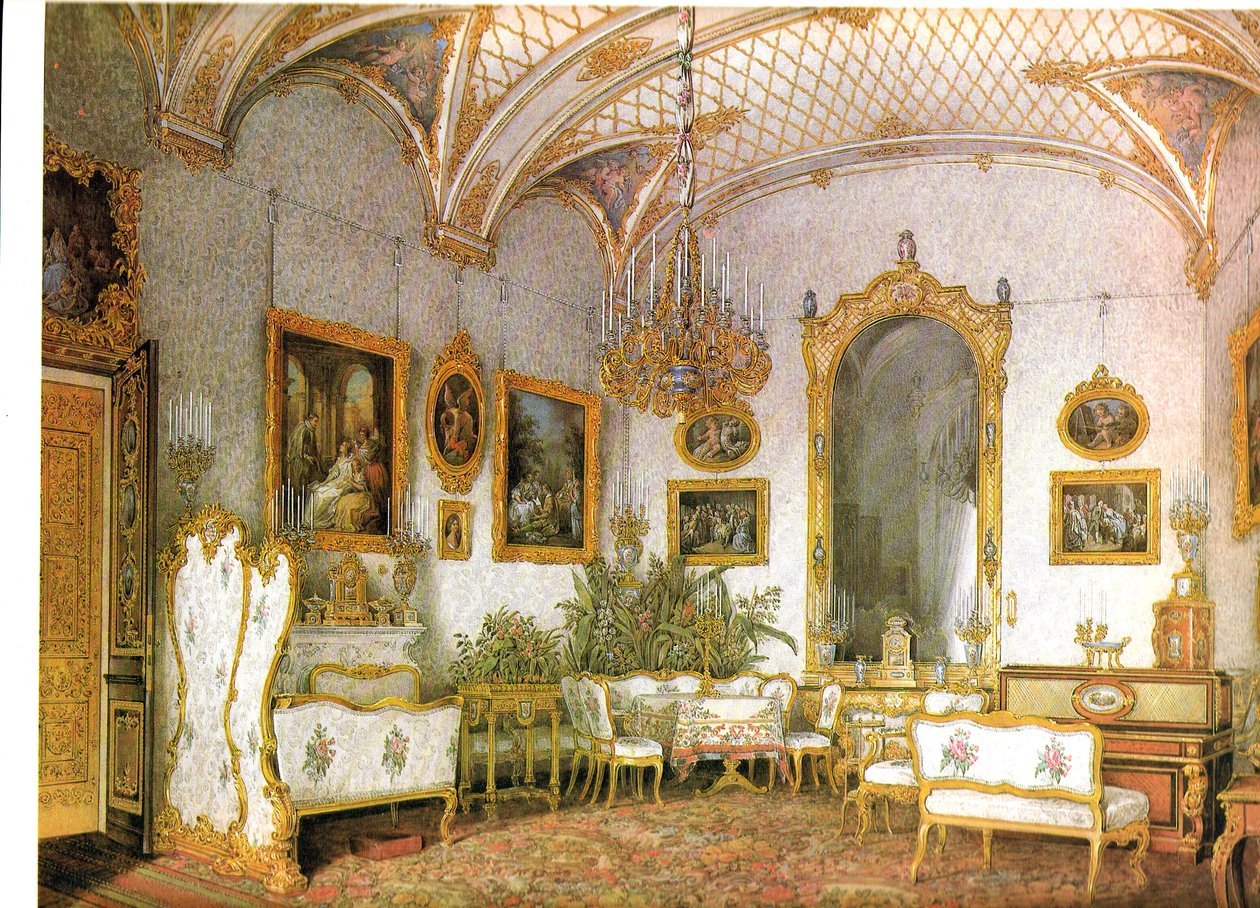 Interiores del Palacio de Invierno. El salón blanco en el Risolito Noroeste (suite de Alexandra Fedorovna) de Eduard Hau