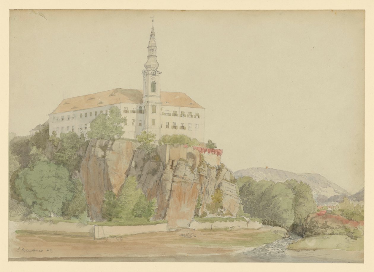 Castillo junto al río (¿Danubio?) de Eduard Gaertner