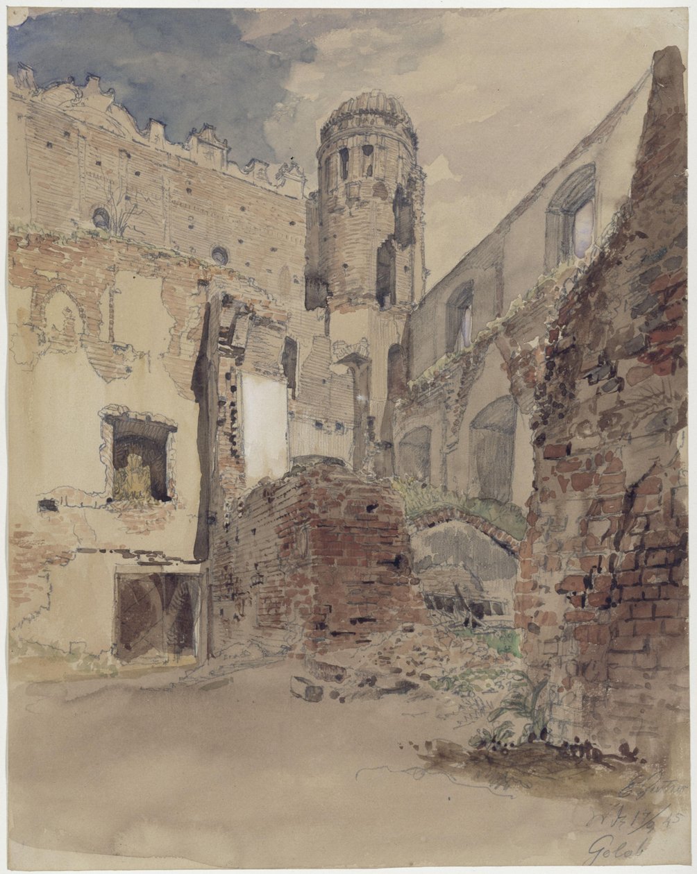 Ruinas del castillo en Gollub, vista del patio con torre de Eduard Gaertner