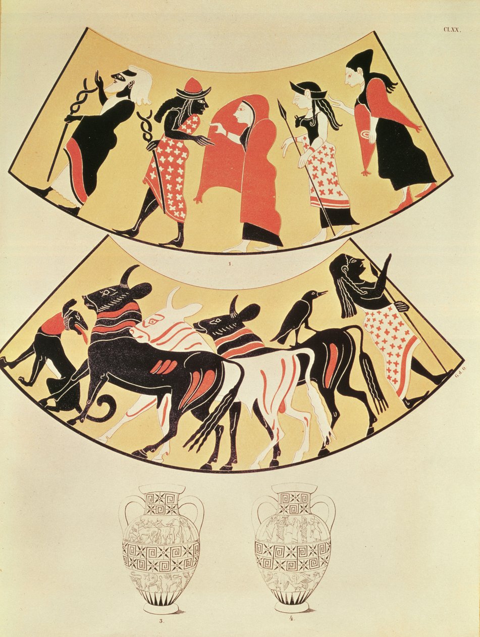 Diseños de un jarrón etrusco que representan una procesión de sacerdotes y la delimitación de una nueva ciudad usando un arado tirado por bueyes de Eduard Gerhardt