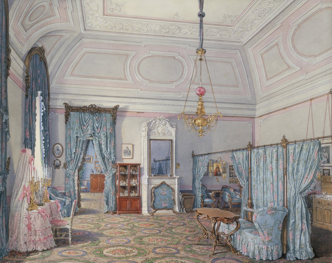 Interiores del Palacio de Invierno. El quinto apartamento reservado. El dormitorio de la Gran Princesa María Alexandrovna, 1873 de Eduard Hau