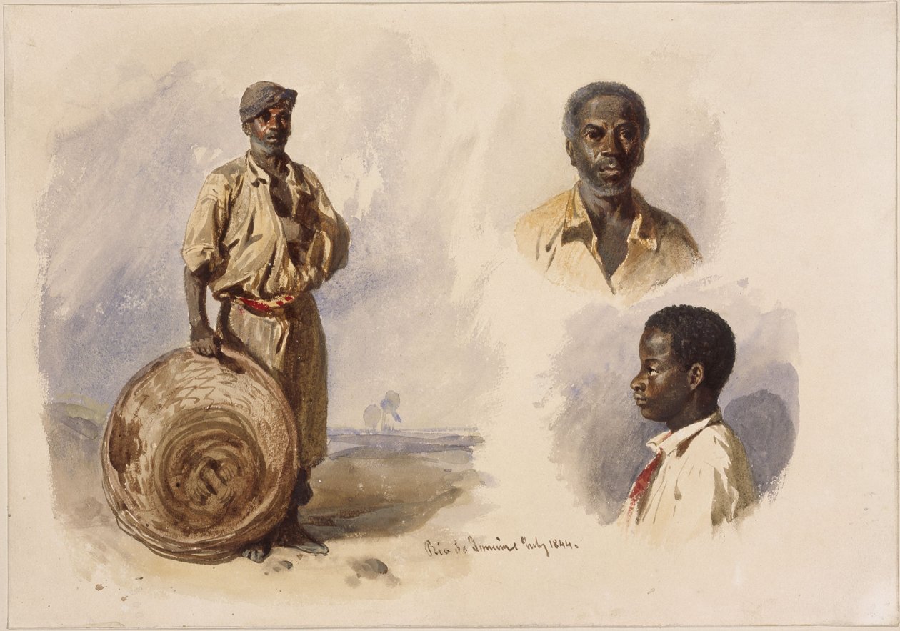 Tres retratos de afrobrasileños: de cuerpo entero, de pie con una cesta; un retrato de busto de un hombre de frente y otro de un niño de perfil de Eduard Hildebrandt