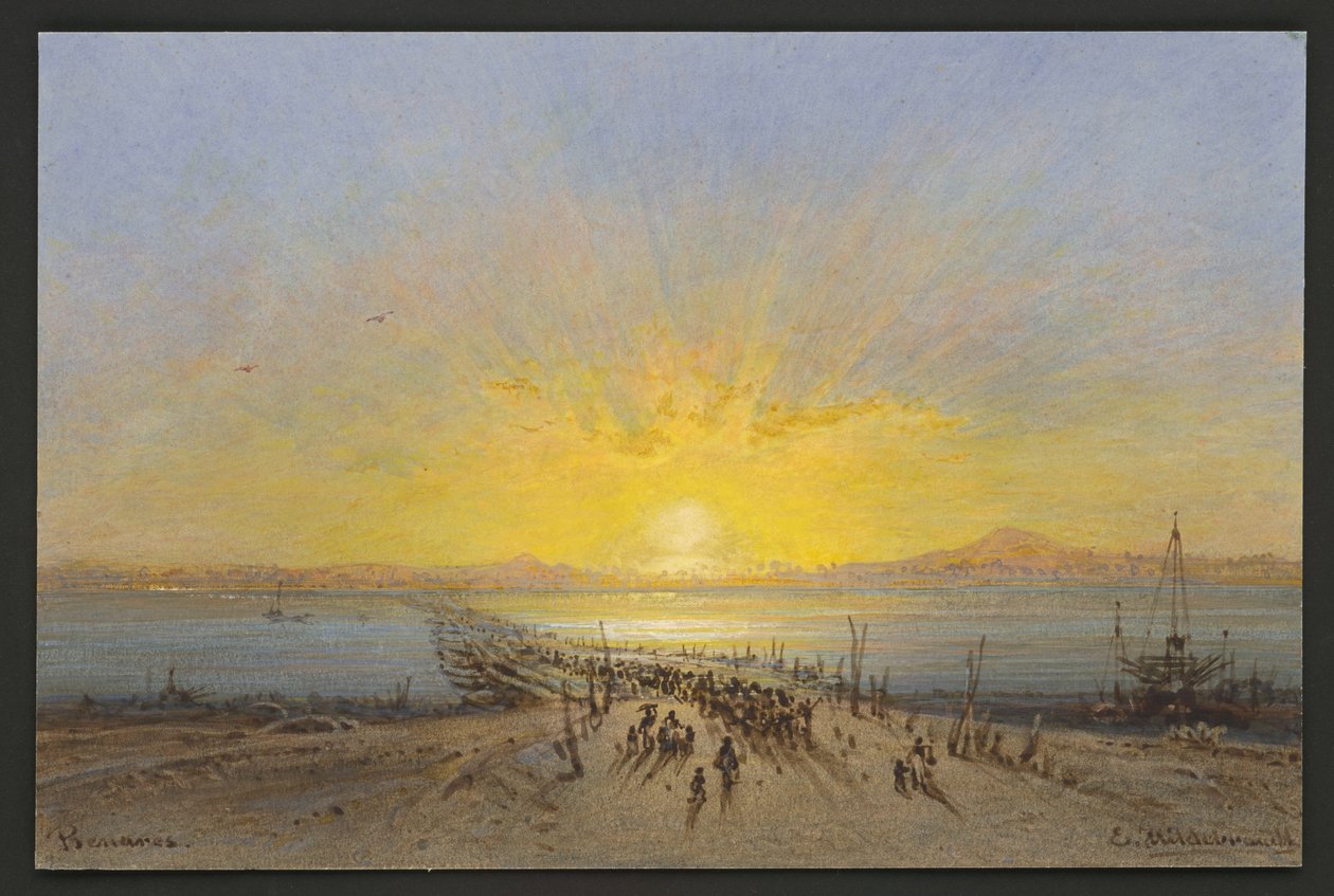 Puente de barcas sobre el Ganges, cerca de Benarés de Eduard Hildebrandt