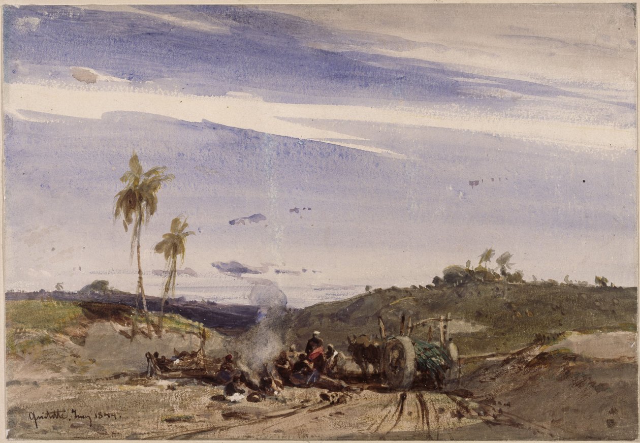 Camino hacia Quititte; en primer plano, afrobrasileños descansando y una carreta tirada por bueyes de Eduard Hildebrandt