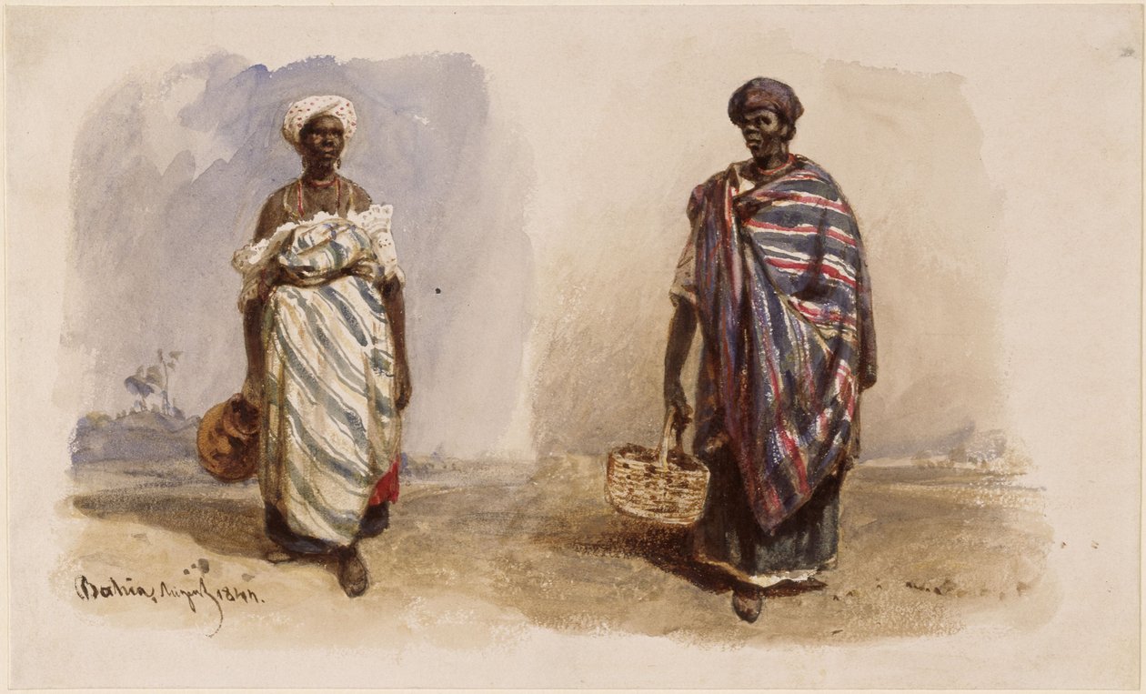 Dos mujeres afrobrasileñas con pañuelos en los hombros; una lleva una jarra de agua y la otra, una cesta de Eduard Hildebrandt