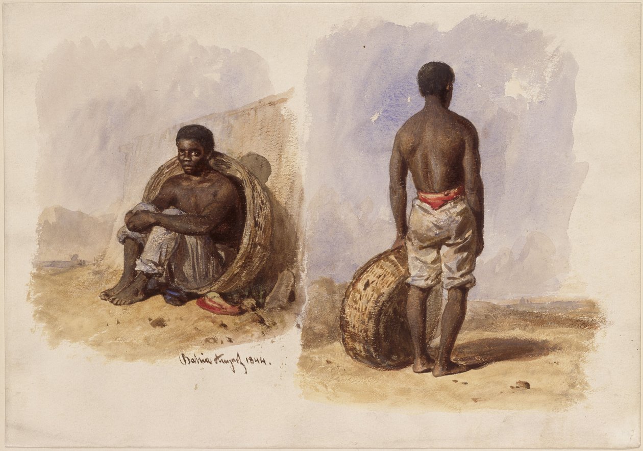 Dos estudios de un afrobrasileño; a la izquierda, sentado en una cesta apoyada contra la pared; a la derecha, de pie, visto de espaldas de Eduard Hildebrandt