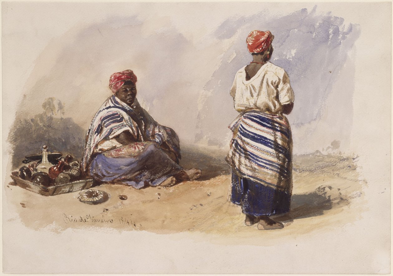Dos vendedoras ambulantes de color; una sentada junto a una bandeja y la otra de pie, vista de espaldas de Eduard Hildebrandt