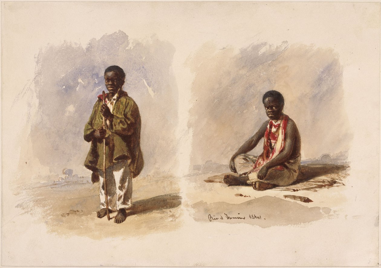 Dos niños afrobrasileños; uno de pie y el otro sentado de Eduard Hildebrandt