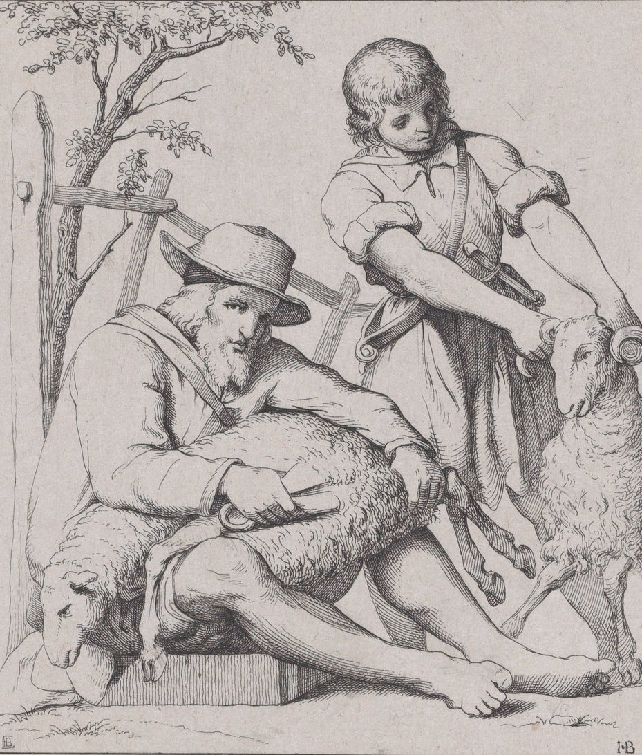Dos hombres esquilando ovejas, ca. 1842 de Eduard Julius Friedrich Bendemann